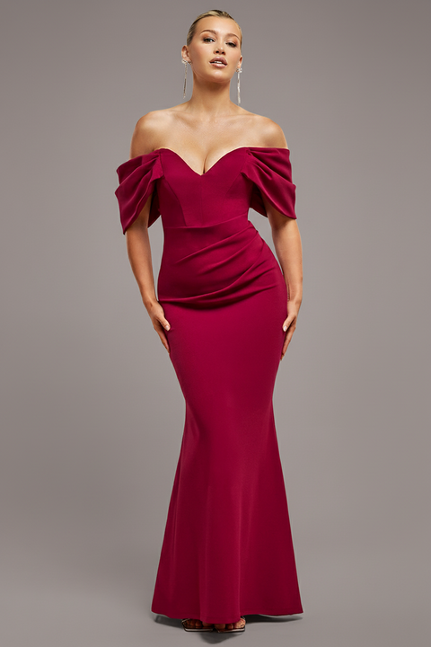 Goddiva Off The Shoulder Draped Sleeve Maxi Dress - Burgundy