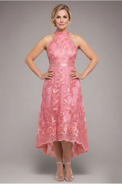 Goddiva Halter Neck Lace High And Low Dress - Coral