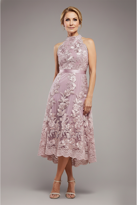 Goddiva Halter Neck Lace High And Low Dress - Blush Pink