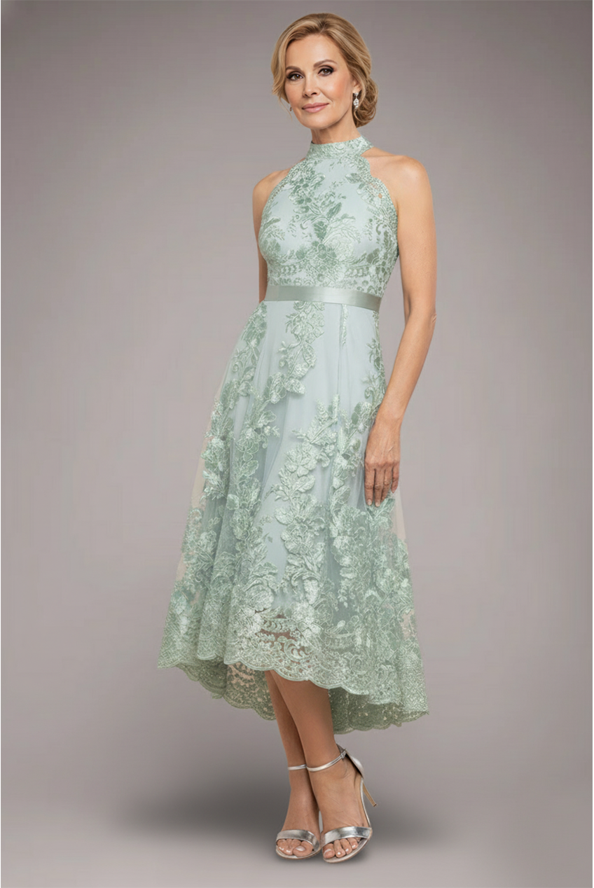 Goddiva Halter Neck Lace High And Low Dress - Sage Green