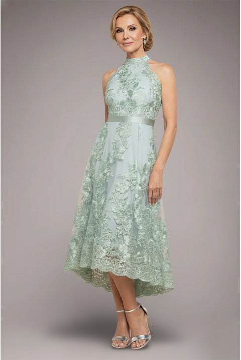 Goddiva Halter Neck Lace High And Low Dress - Sage Green