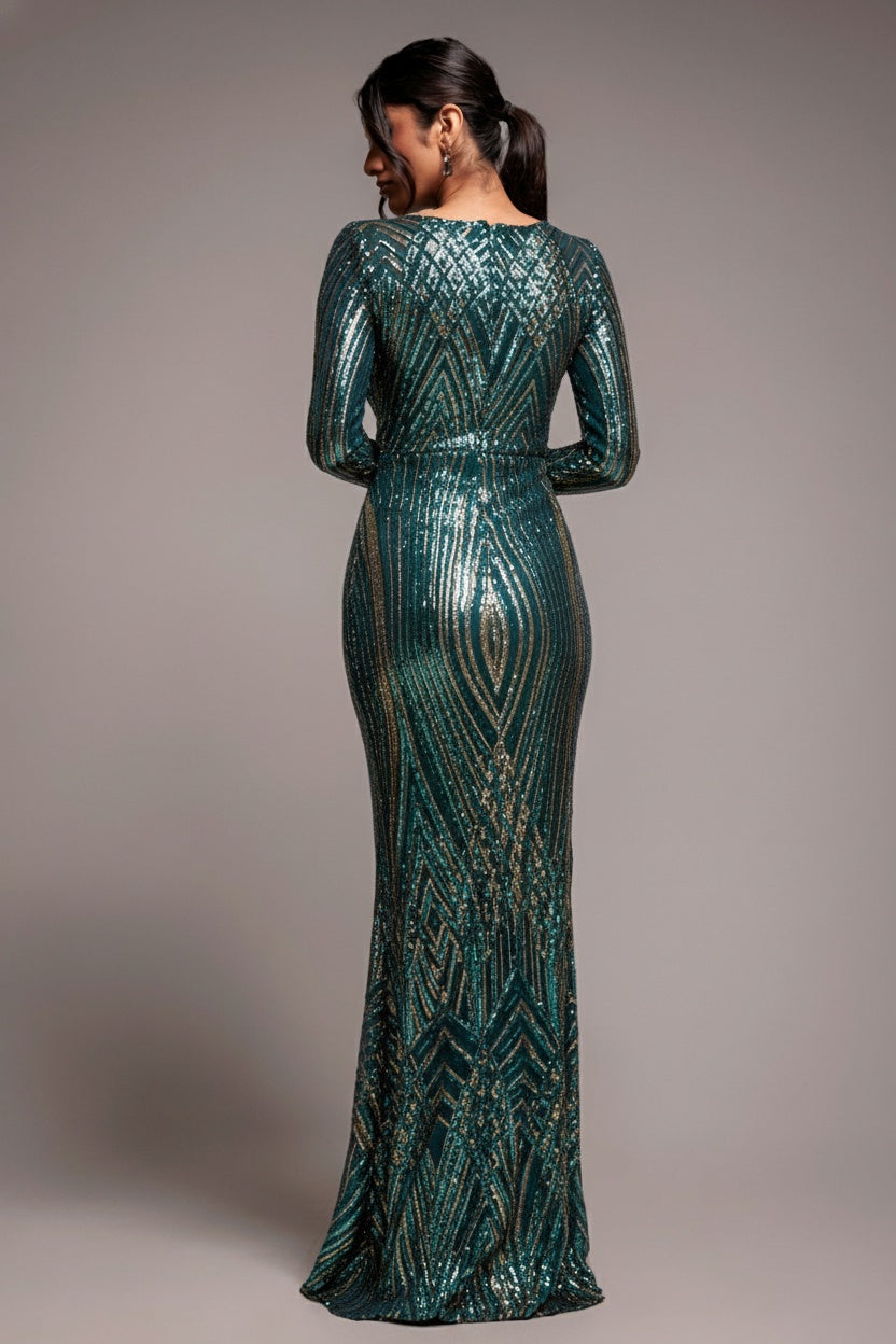 Goddiva Two Toned V Neck Sequin Maxi - Emerald Green