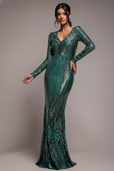 Goddiva Two Toned V Neck Sequin Maxi - Emerald Green