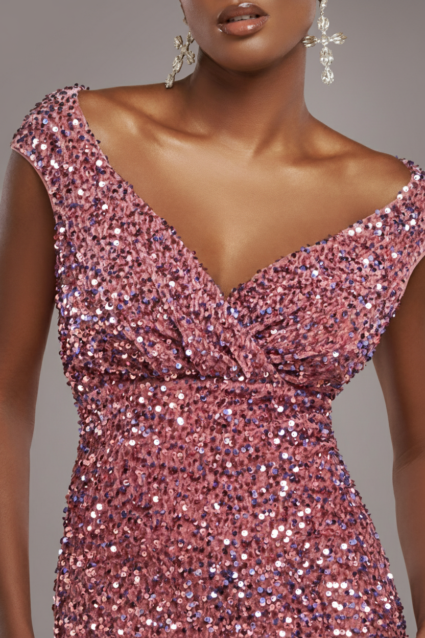 Goddiva Multi Sequin & Velvet Bardot Maxi Dress - Blush Pink