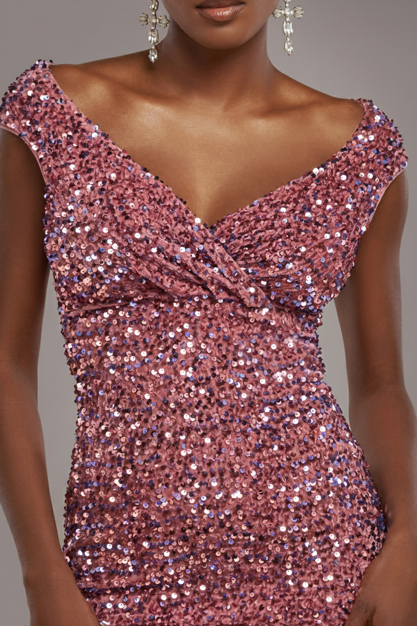 Goddiva Multi Sequin & Velvet Bardot Midi Dress - Blush Pink
