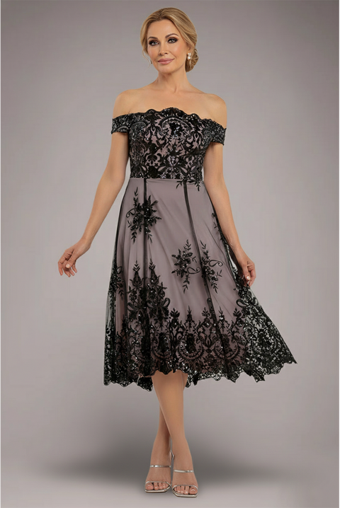 Goddiva Bardot Sequin & Lace High Low Midi - Black