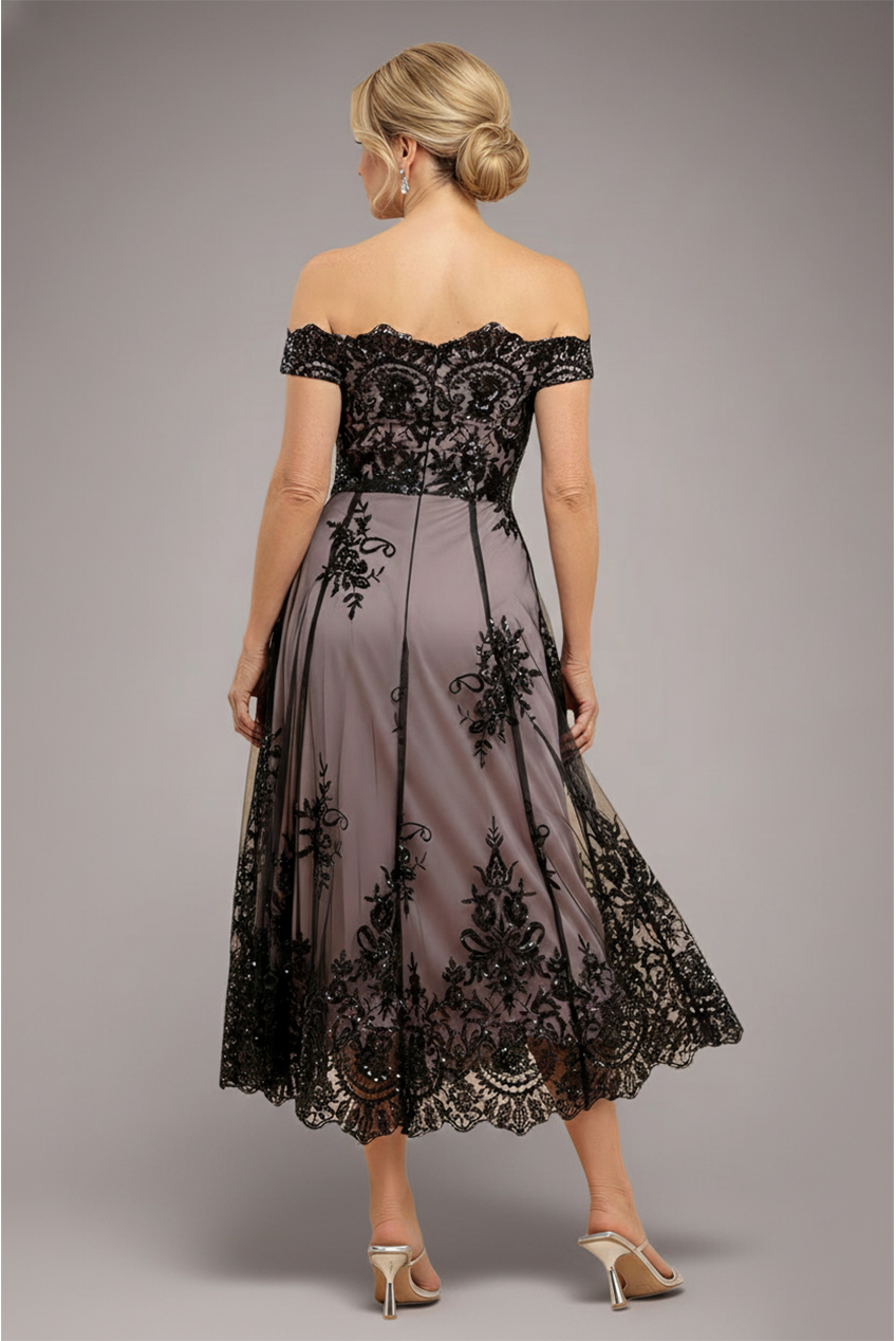 Goddiva Bardot Sequin & Lace High Low Midi - Black