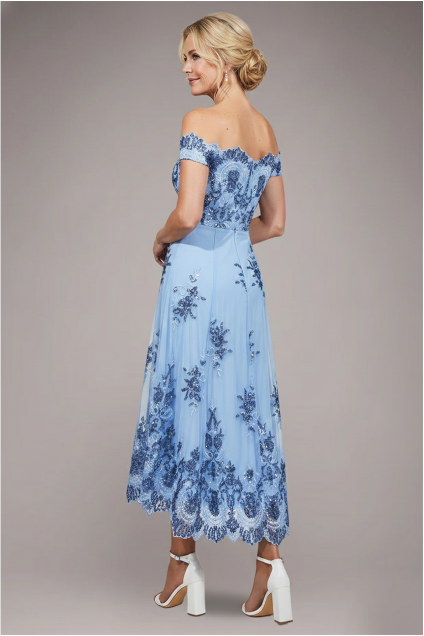 Goddiva Bardot Sequin & Lace High Low Midi - Blue