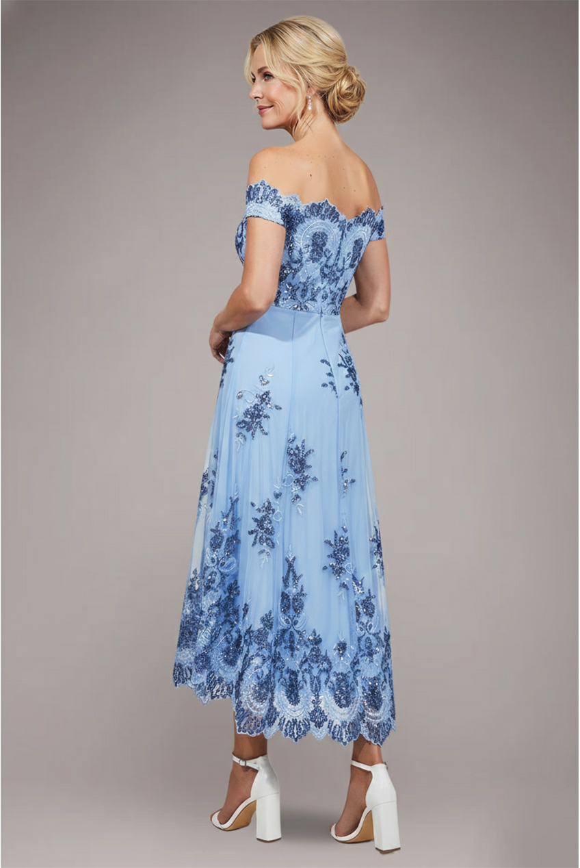 Goddiva Bardot Sequin & Lace High Low Midi - Blue