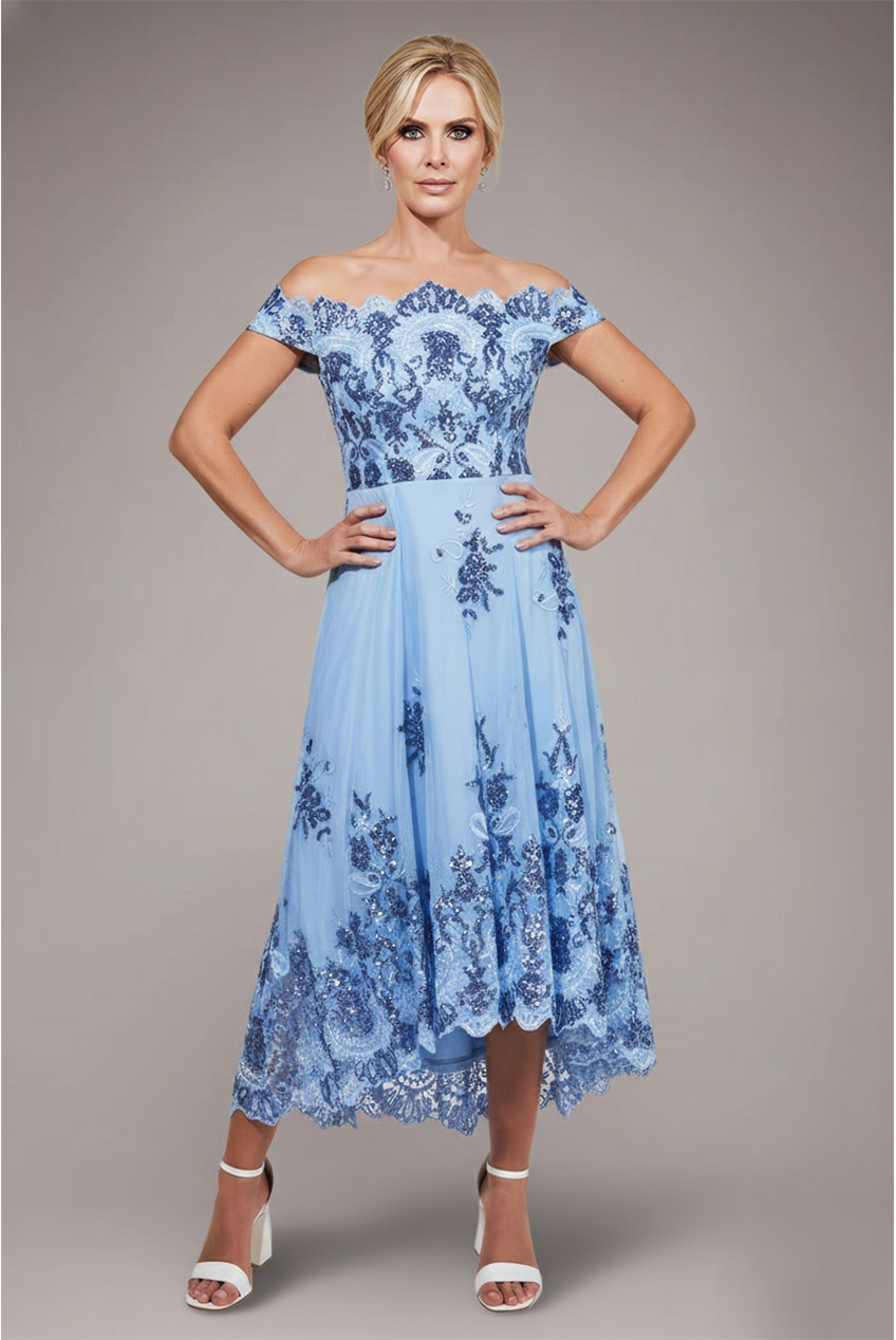 Goddiva Bardot Sequin & Lace High Low Midi - Blue