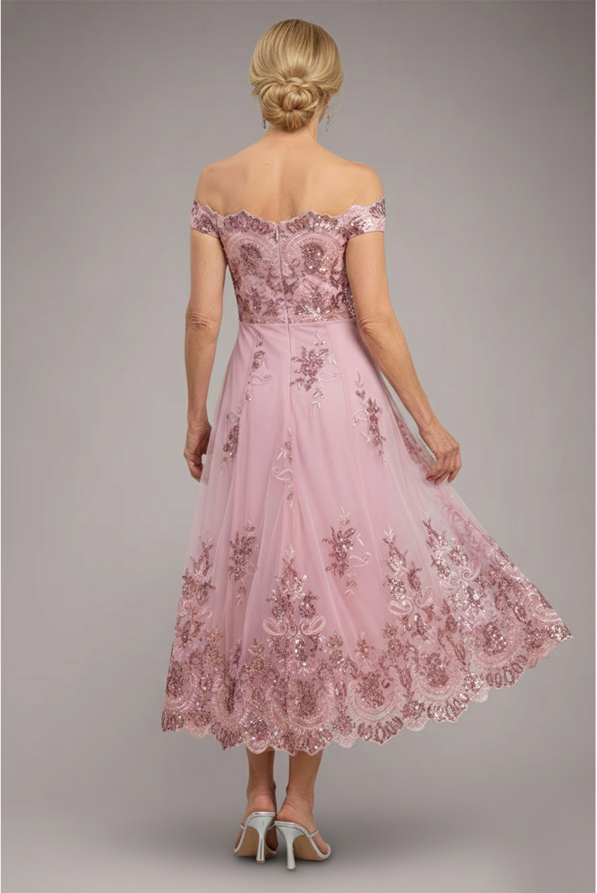 Goddiva Bardot Sequin & Lace High Low Midi - Blush Pink