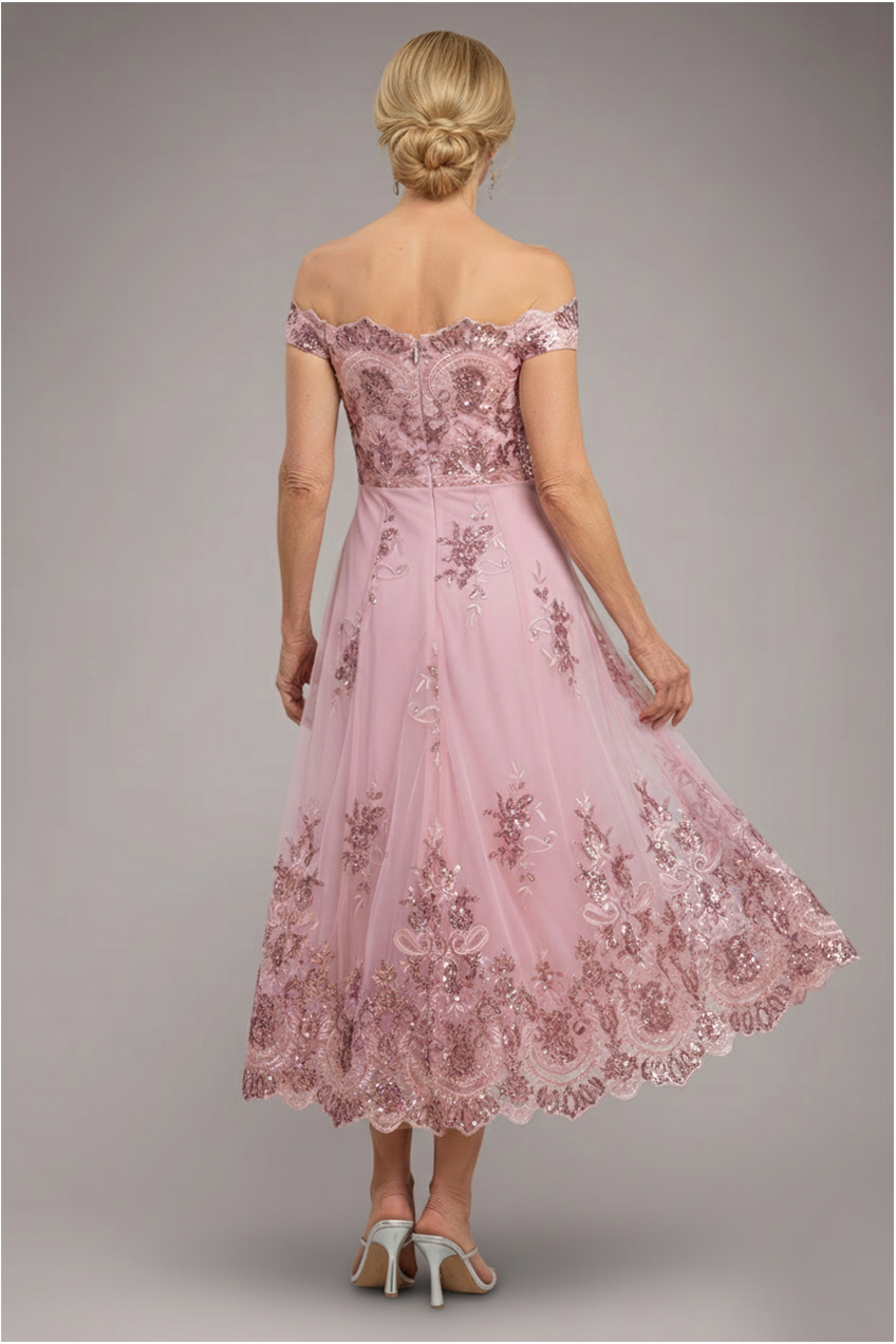 Goddiva Bardot Sequin & Lace High Low Midi - Blush Pink