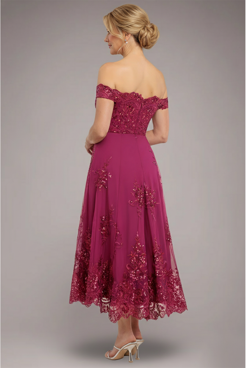 Goddiva Bardot Sequin & Lace High Low Midi - Magenta