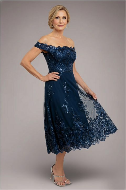 Goddiva Bardot Sequin & Lace High Low Midi - Navy Blue