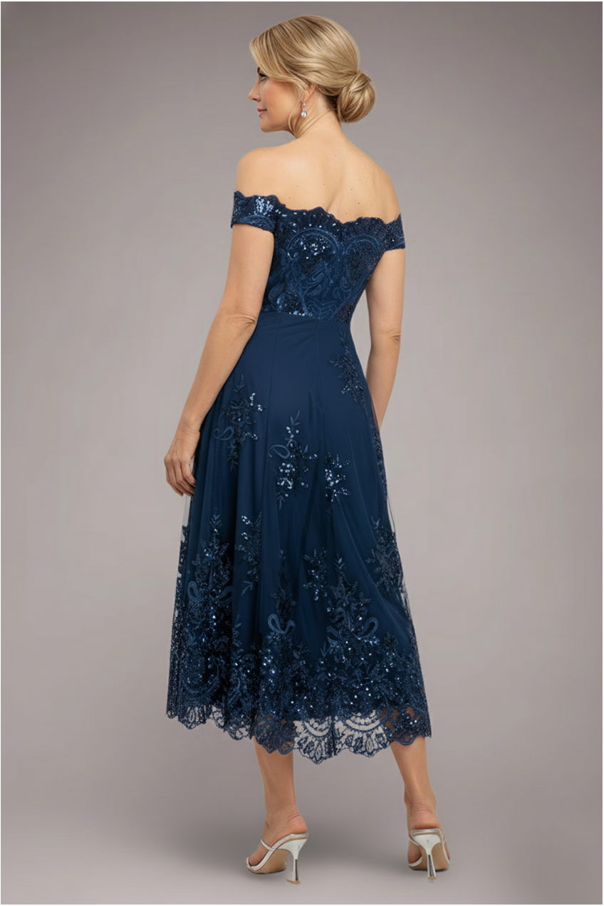 Goddiva Bardot Sequin & Lace High Low Midi - Navy Blue