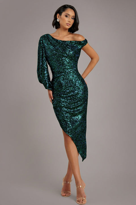 Goddiva One Shoulder Asymmetric Midi Dress - Emerald Green