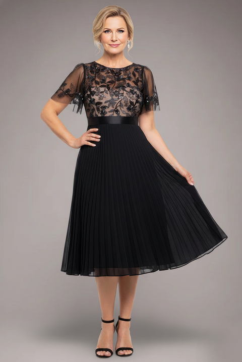 Goddiva Embroidered Top Chiffon Pleated Midi - Black