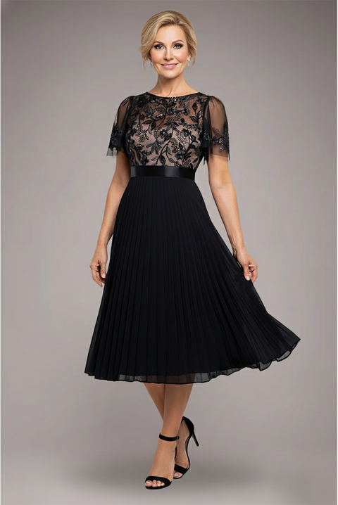 Goddiva Embroidered Top Chiffon Pleated Midi - Black