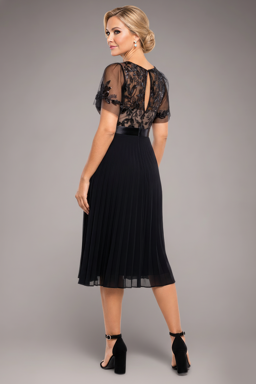 Goddiva Embroidered Top Chiffon Pleated Midi - Black