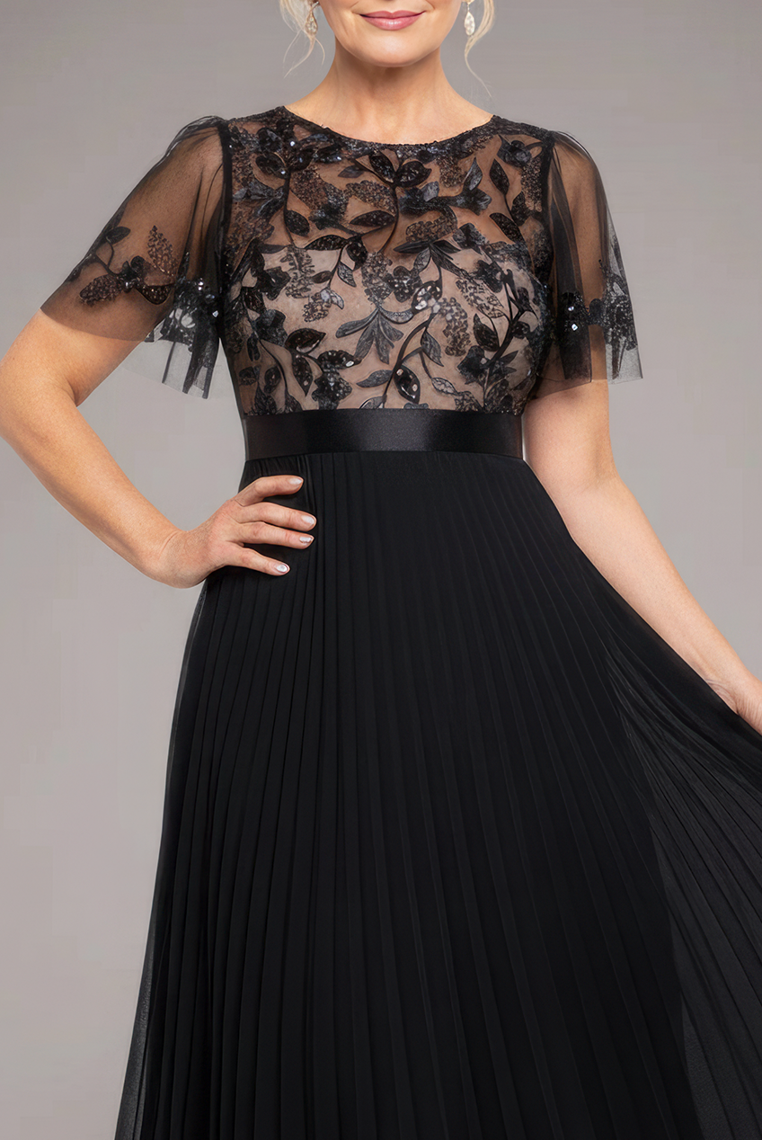 Goddiva Embroidered Top Chiffon Pleated Midi - Black