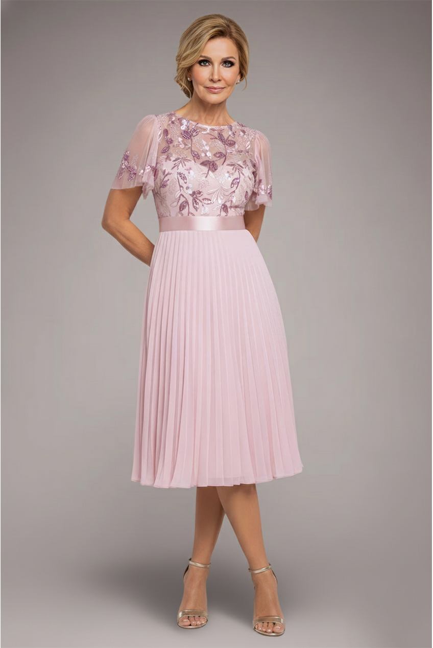 Goddiva Embroidered Top Chiffon Pleated Midi - Blush Pink