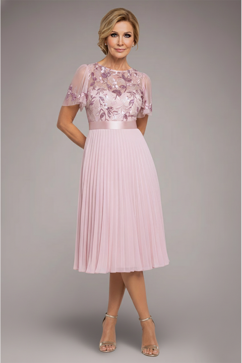 Goddiva Embroidered Top Chiffon Pleated Midi - Blush Pink