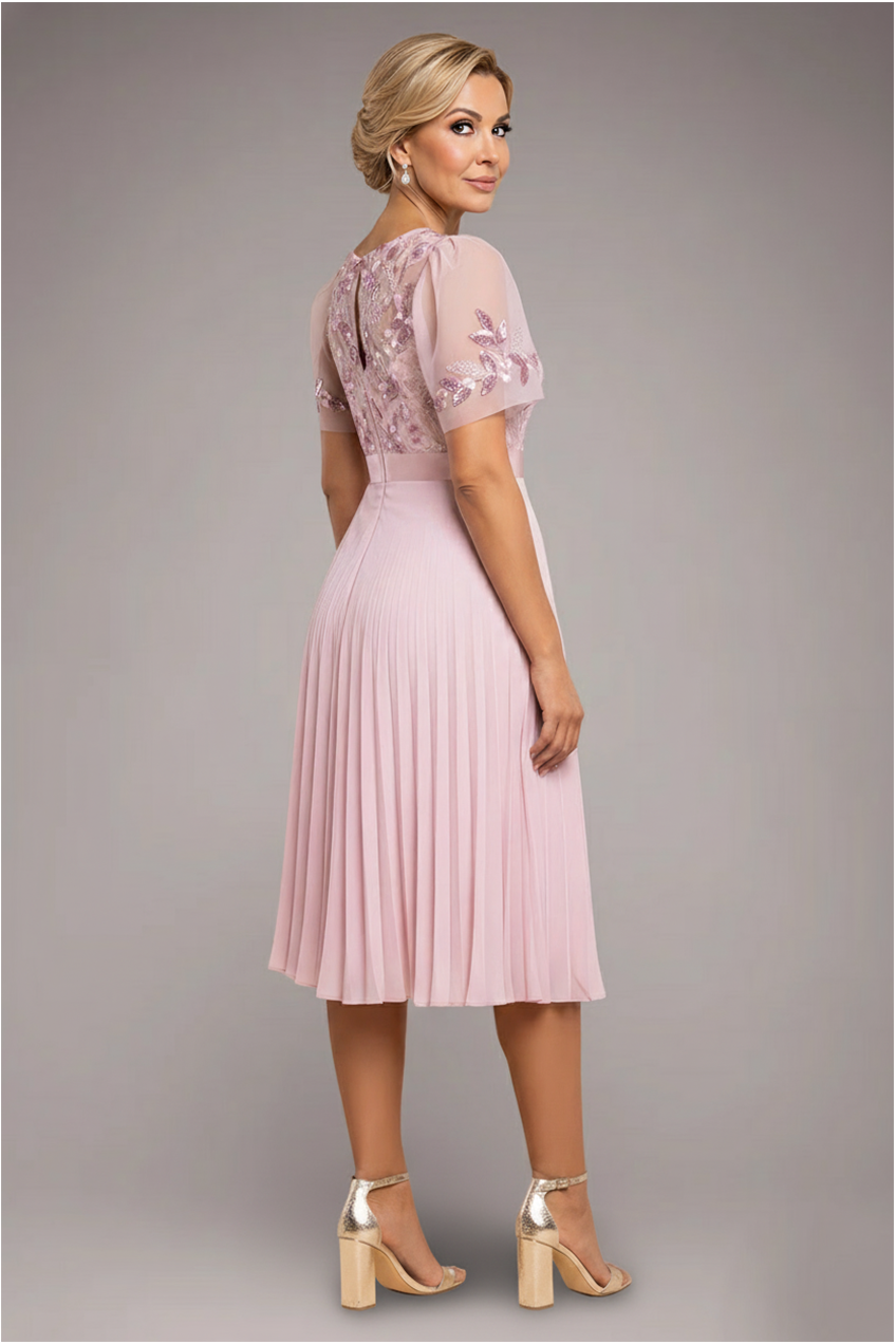 Goddiva Embroidered Top Chiffon Pleated Midi - Blush Pink