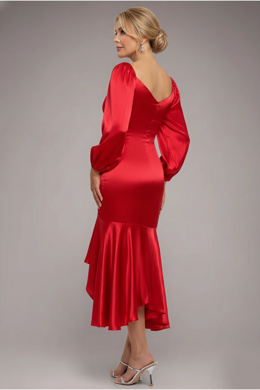 Goddiva Satin Viscose Front Buttoned Dipped Hem Midaxi Dress - Red