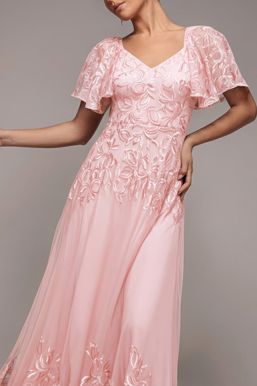 Goddiva Lace Flutter Sleeve Embroidered Mesh A Line Maxi Dress - Pink