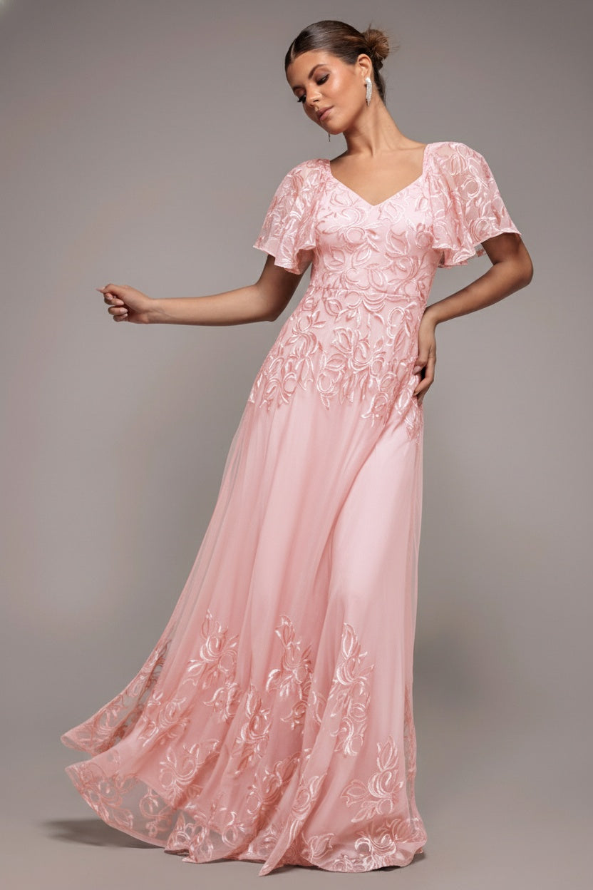 Goddiva Lace Flutter Sleeve Embroidered Mesh A Line Maxi Dress - Pink