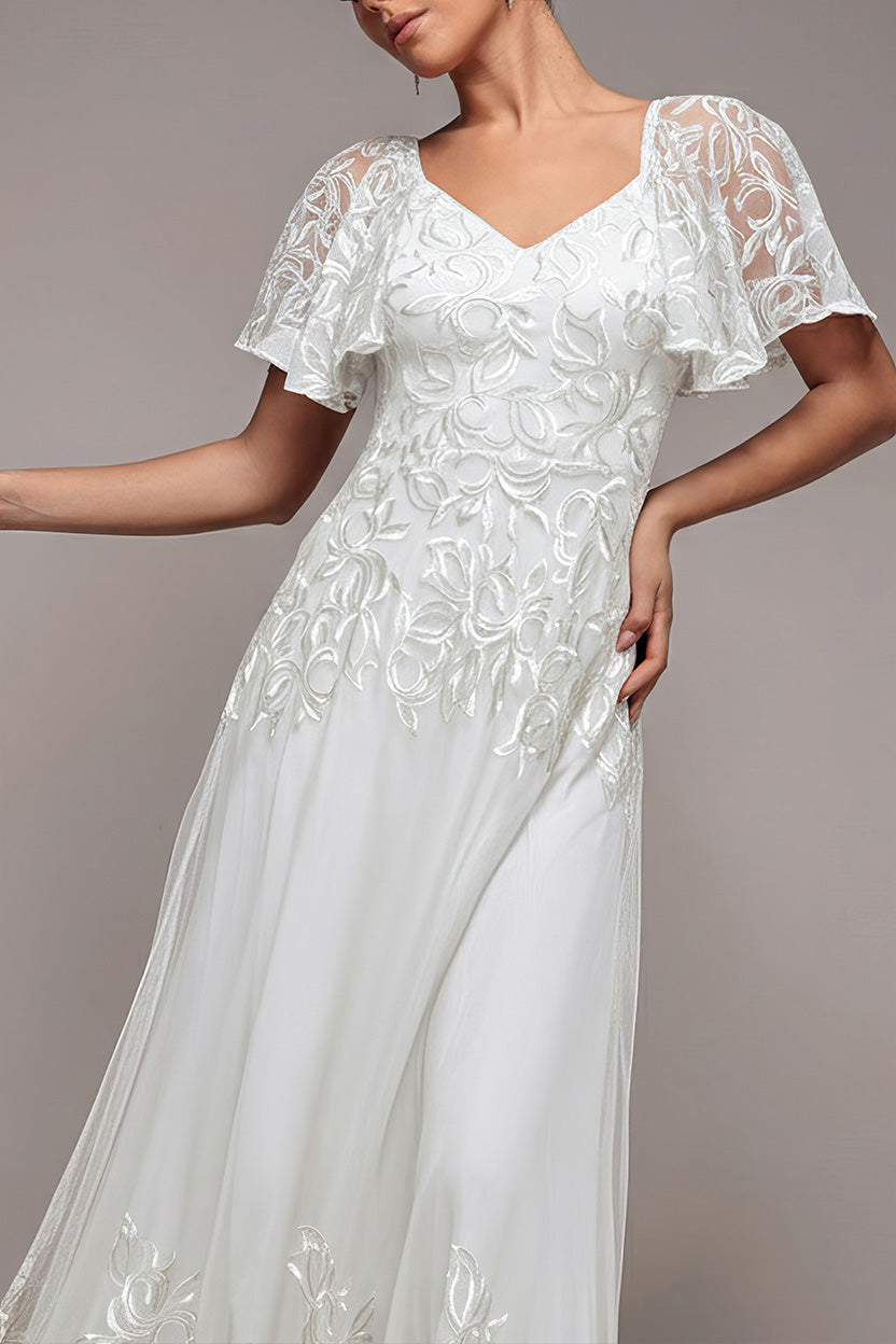 Goddiva Lace Flutter Sleeve Embroidered Mesh A Line Maxi Dress - White