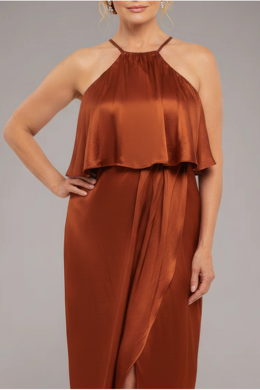 Goddiva Satin Viscose Front Wrap Midaxi Dress - Brown