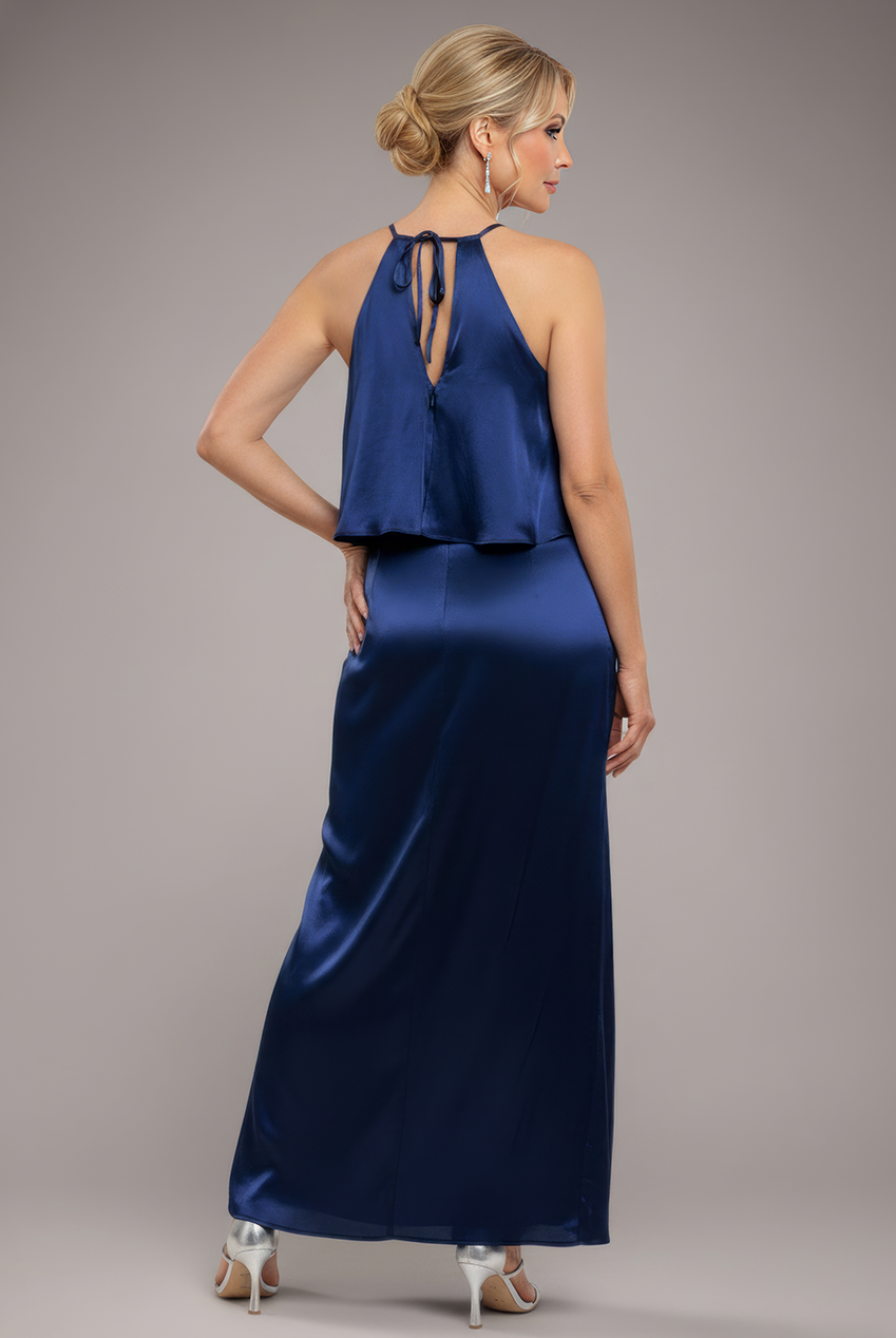 Goddiva Satin Viscose Front Wrap Midaxi Dress - Navy Blue