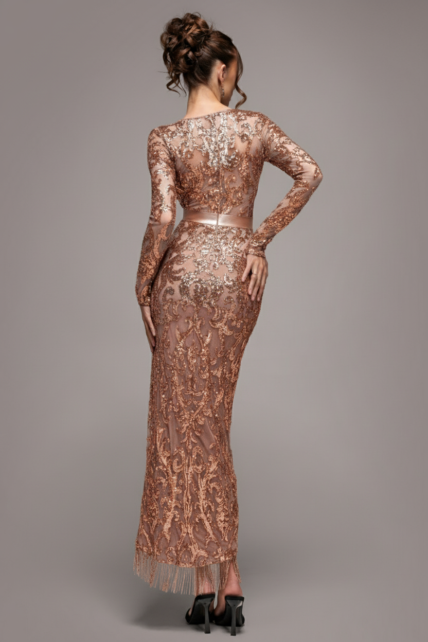 Goddiva Tassel & Sequin Midaxi With Front Split - Champagne