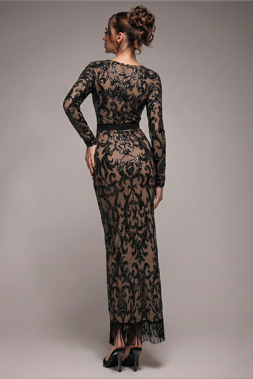 Goddiva Tassel & Sequin Midaxi With Front Split - Black