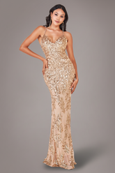 Goddiva Cross Back Diamante Strap Sequin Maxi - Gold