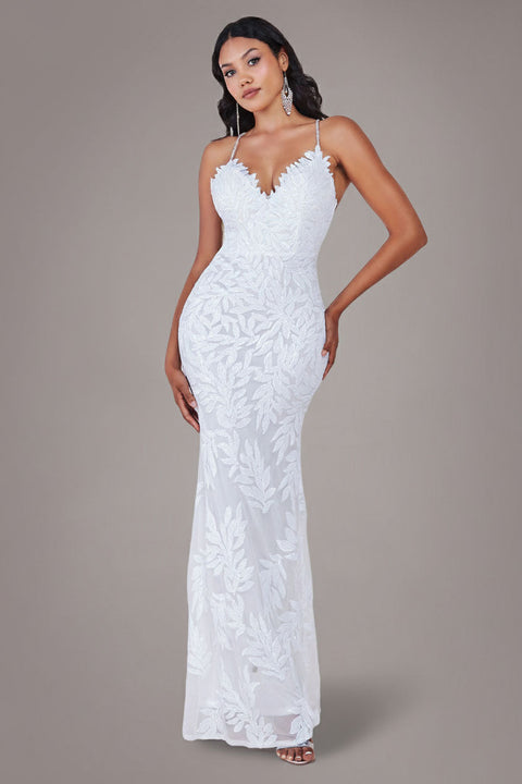 Goddiva Cross Back Diamante Strap Sequin Maxi - White