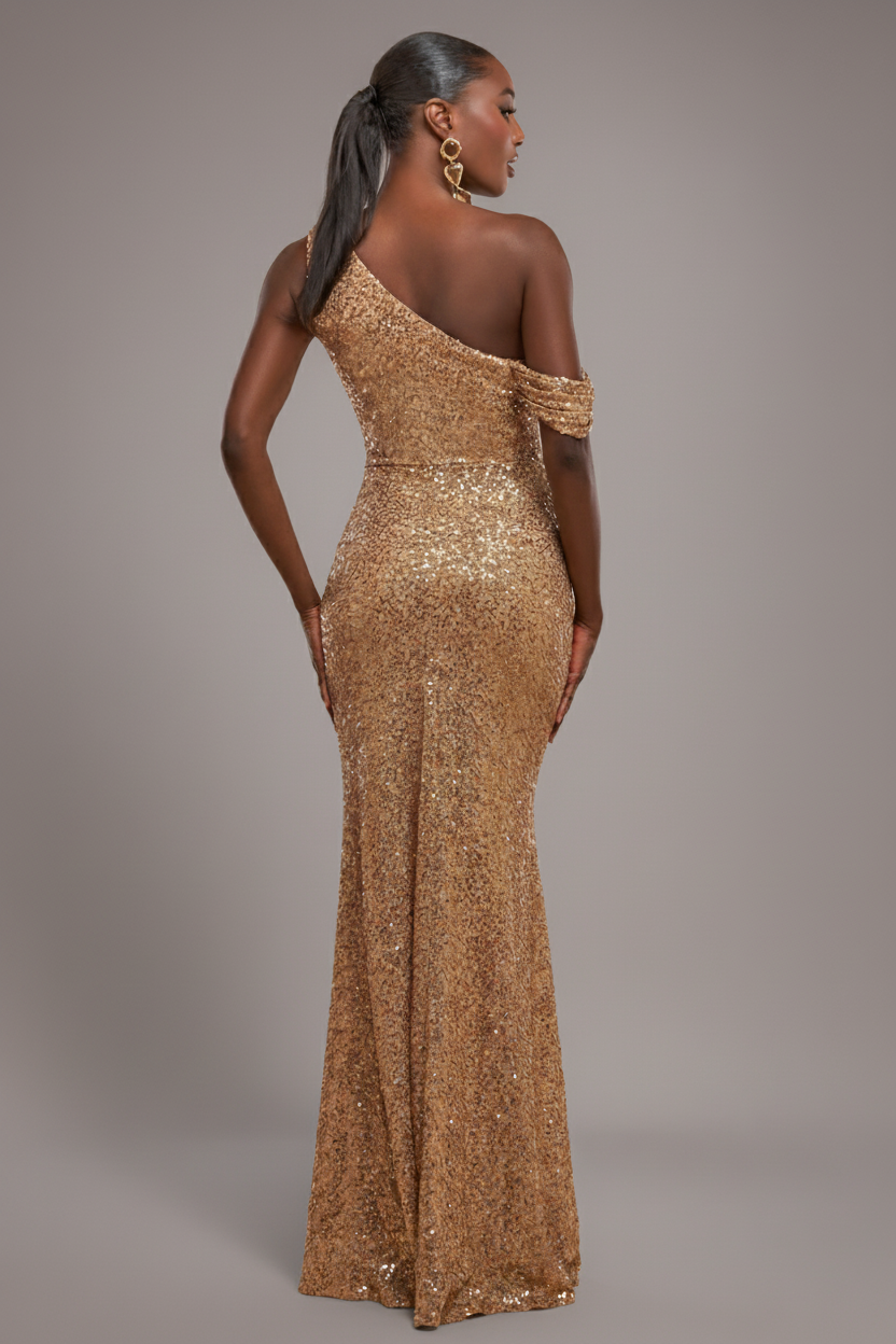 Goddiva Sequin Cowl One Shoulder Maxi Dress - Gold