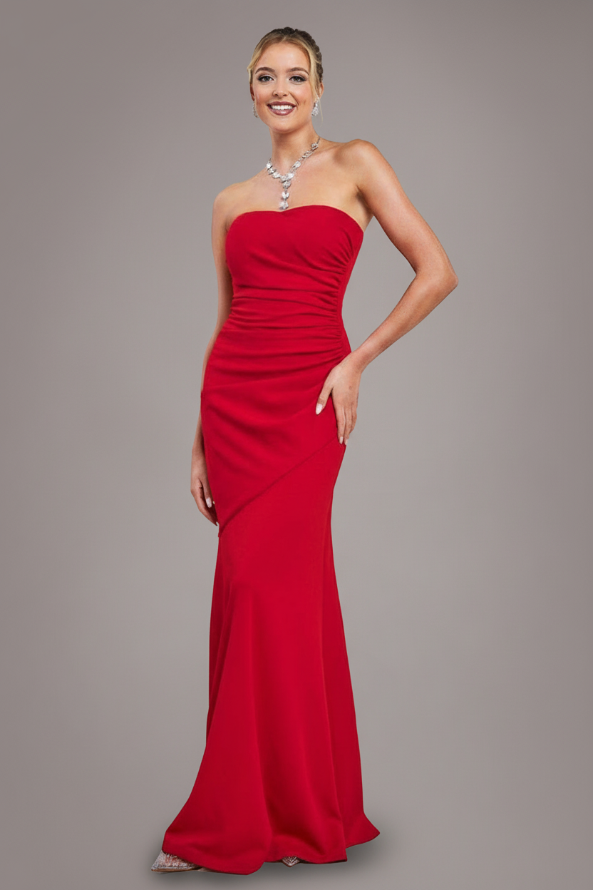 Goddiva Scuba Crepe Bandeau Maxi With Diamante Necklace - Red