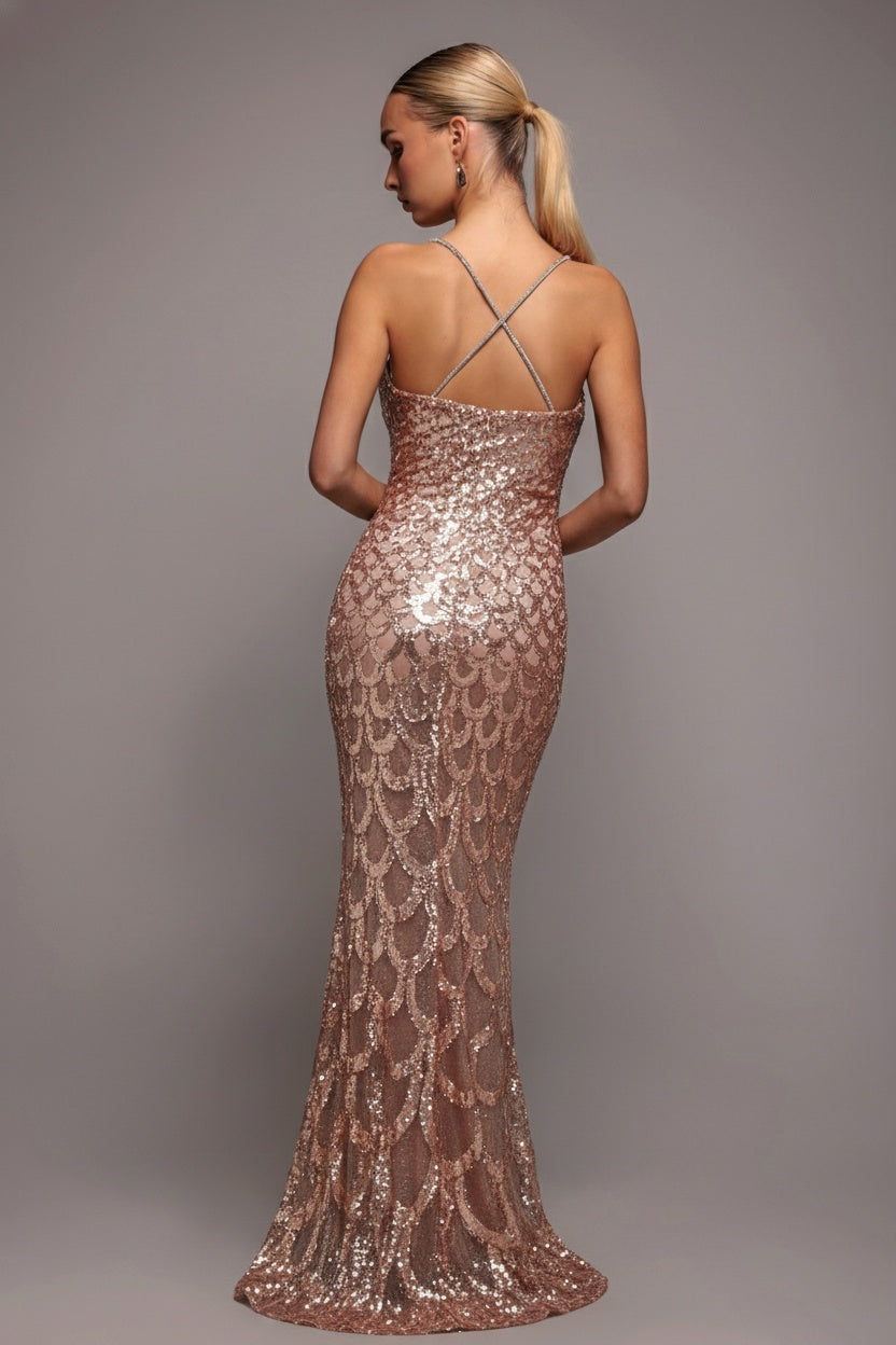 Goddiva Diamante Strap Fish Scale Sequin Maxi Dress - Champagne