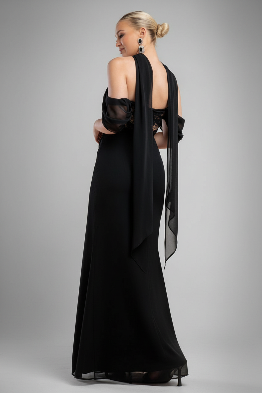 Goddiva Scalloped Lace & Chiffon Winged Corset Bodice Maxi Dress - Black