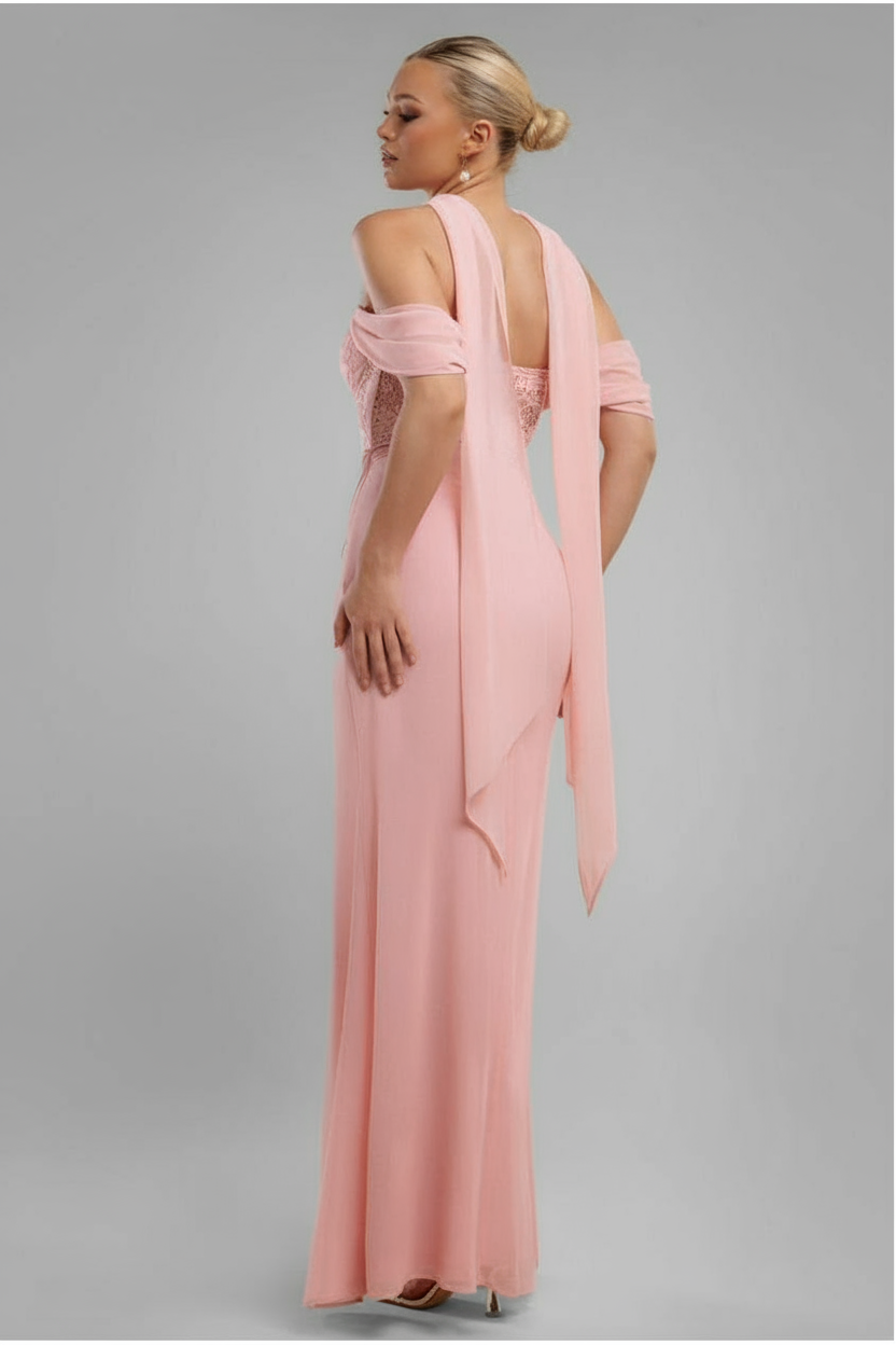 Goddiva Scalloped Lace & Chiffon Winged Corset Bodice Maxi Dress - Blush Pink