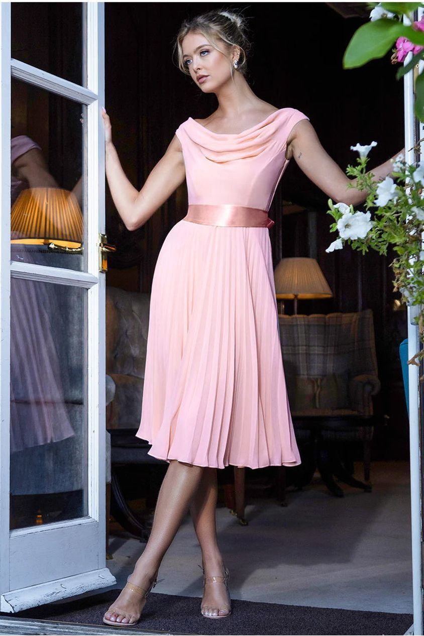 Goddiva Cowl Neck Pleated A-Line Chiffon Midi Dress - Blush Pink
