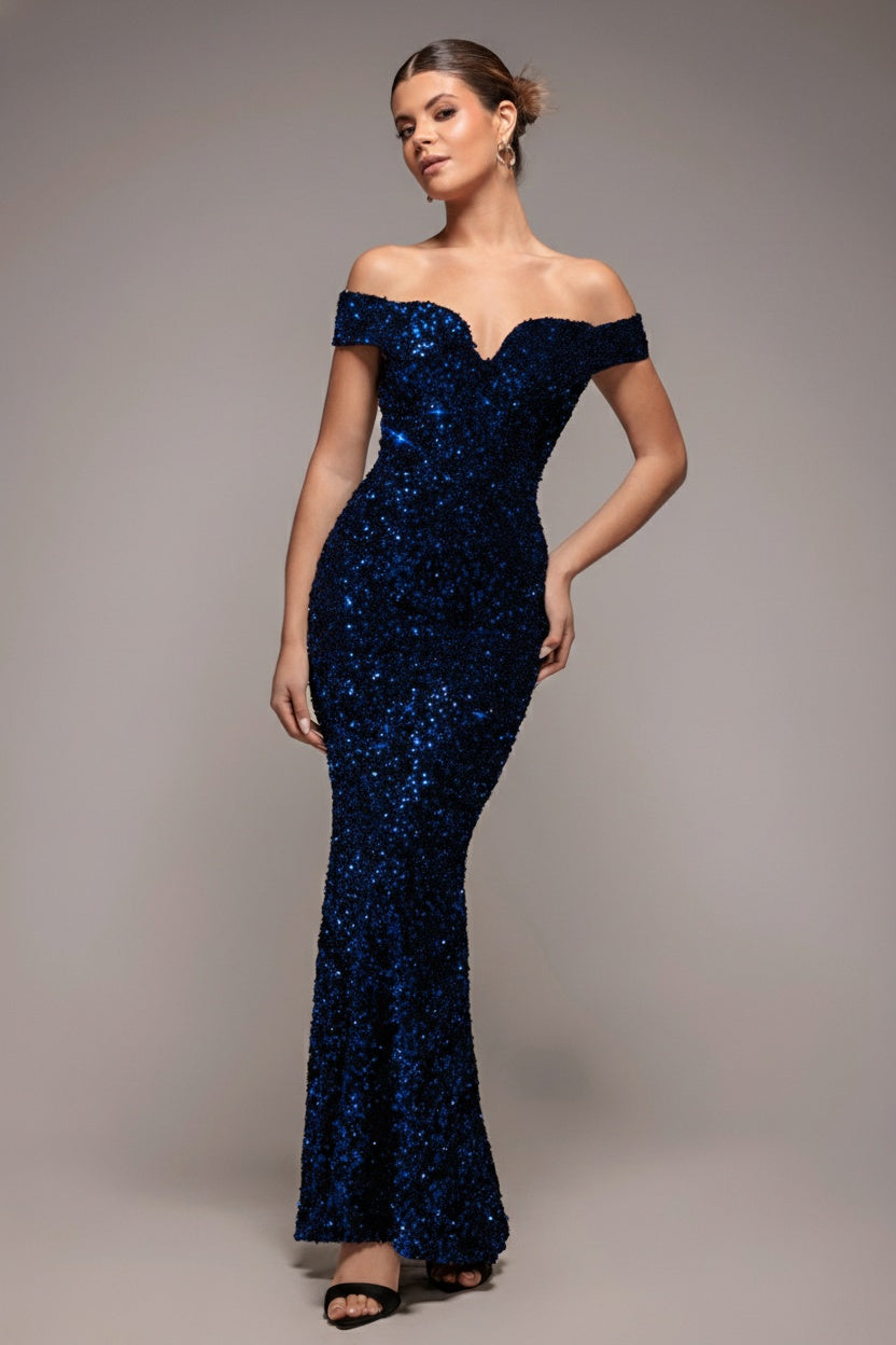 Goddiva Sequin Velvet Bardot Evening Maxi Dress - Midnight Blue