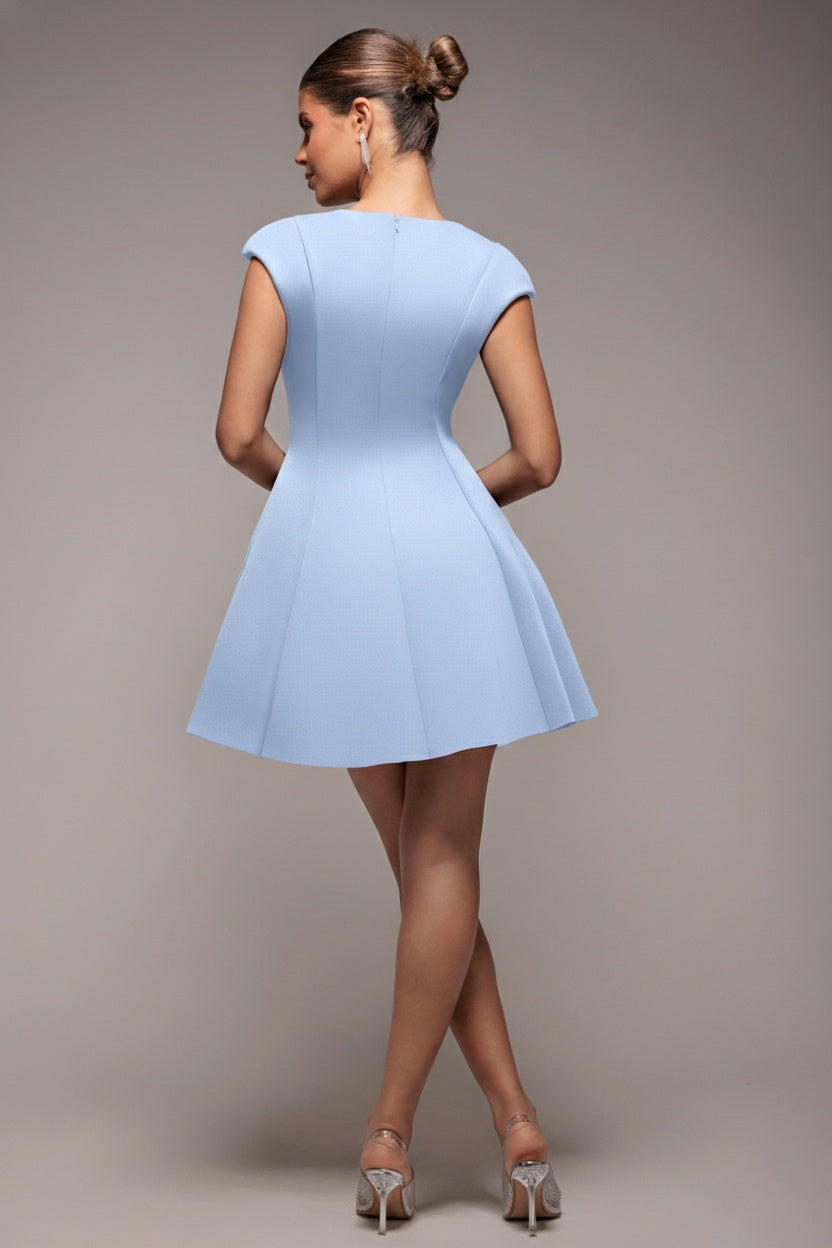 Goddiva Cap Sleeve Plunging V-Neckline Skater Mini Dress - Light Blue