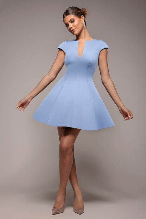 Goddiva Cap Sleeve Plunging V-Neckline Skater Mini Dress - Light Blue