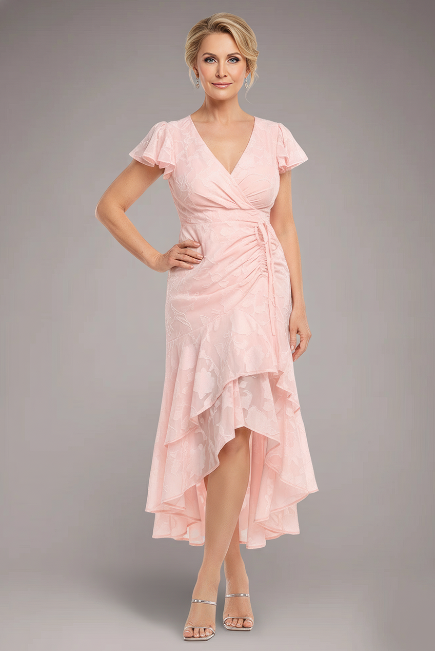 Goddiva Jacquard Chiffon Wrap High Low Midaxi Dress - Pink