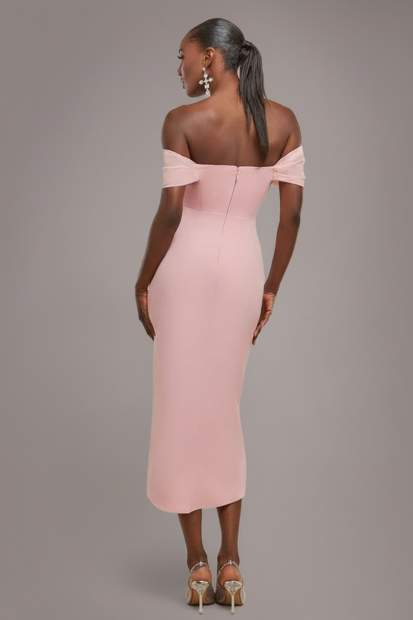 Goddiva Off The Shoulder Chiffon Wing Scuba Crepe Midi Dress - Blush Pink
