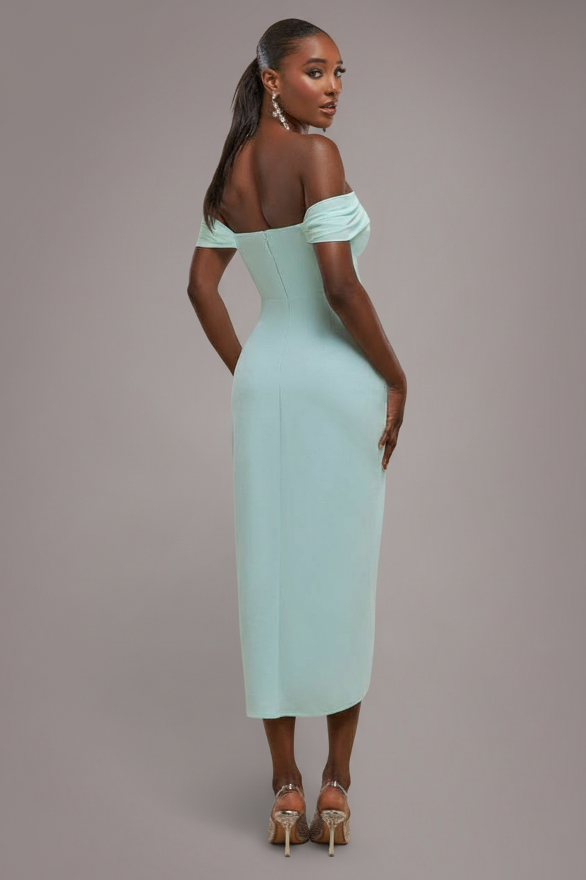 Goddiva Off The Shoulder Chiffon Wing Scuba Crepe Midi Dress - Mint Green