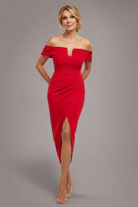 Goddiva Off The Shoulder Chiffon Wing Scuba Crepe Midi Dress - Red
